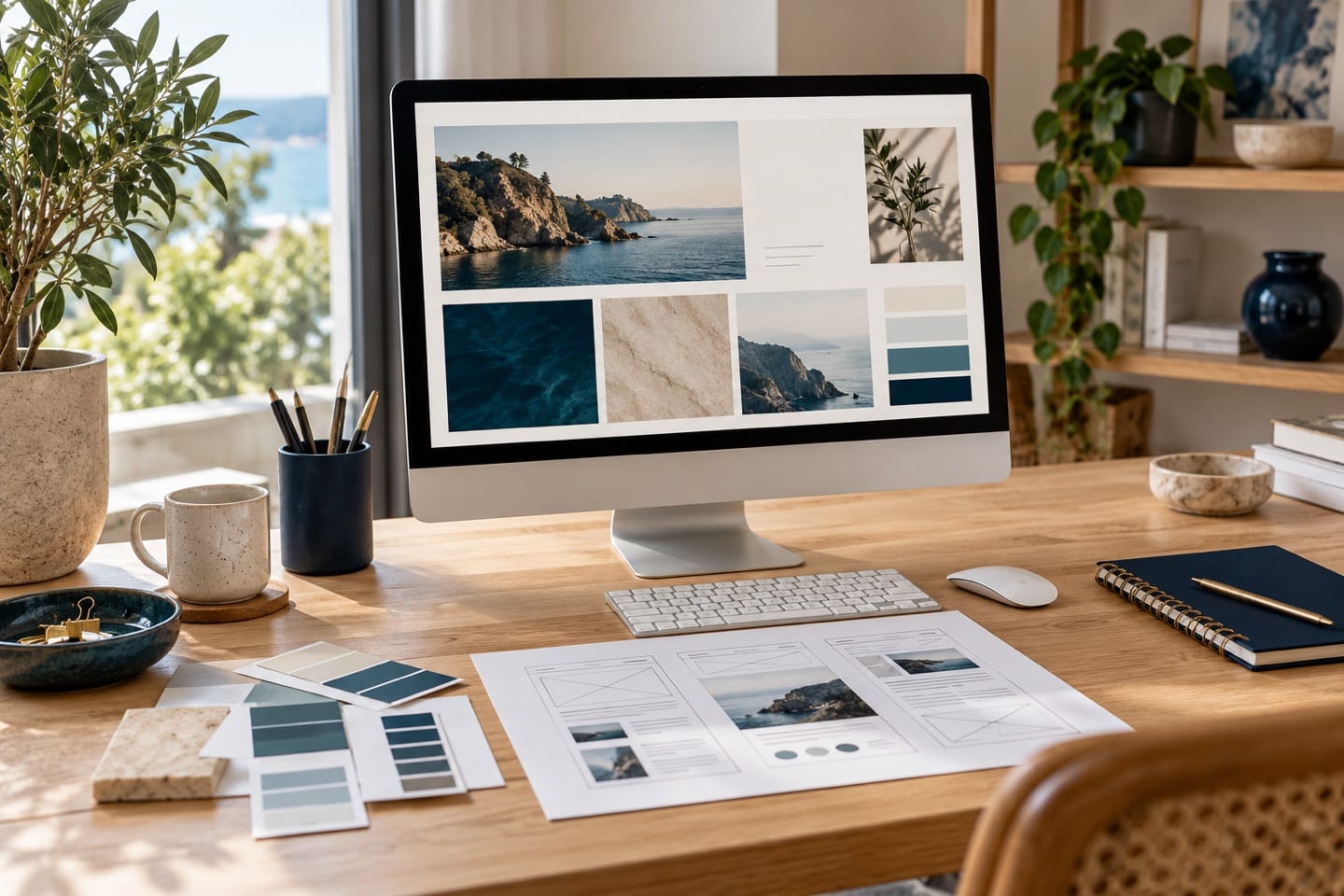 Websiteontwerp en wireframes op een werkplek